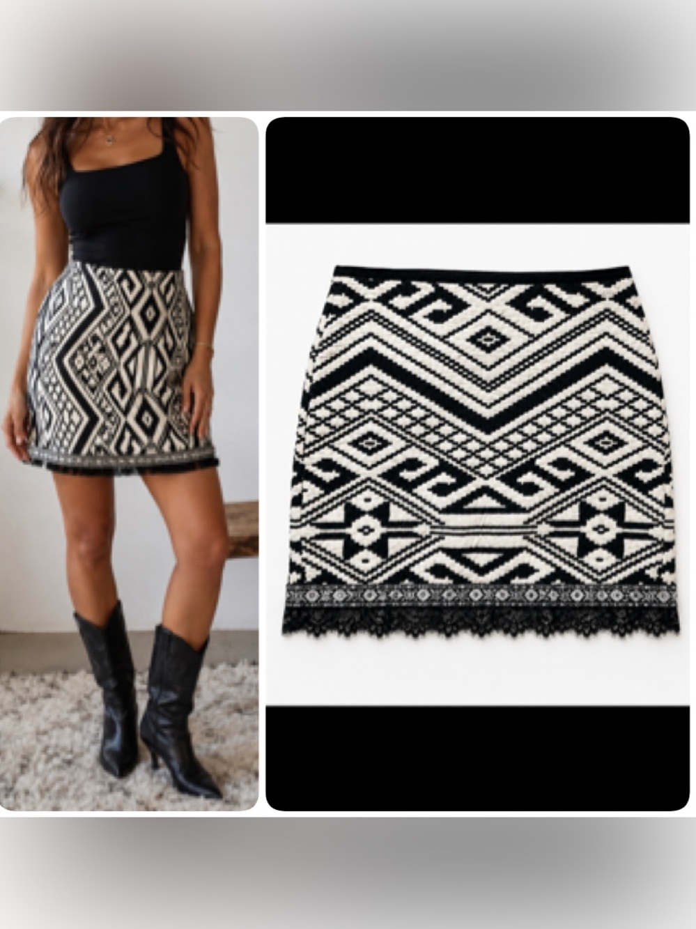 Gypsy Bohemian Chic Black and White Geometric Lace-Trim Mini Skirt